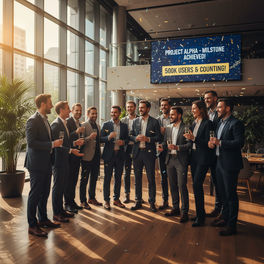Team celebrating milestone with confetti in a modern office