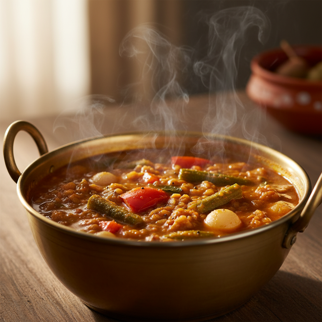 Sambar in a large brass pot with drumstick vegetables and tomatoes
