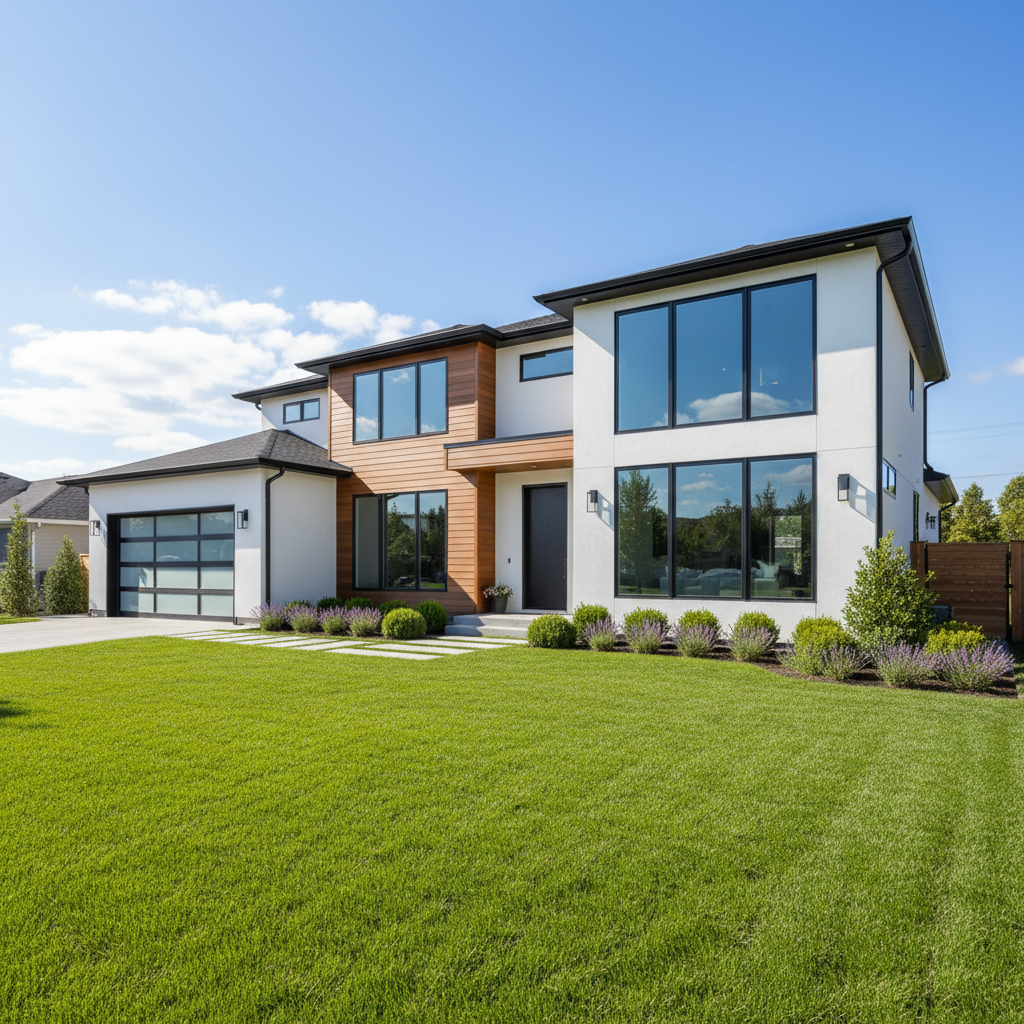 Modern two-story family home with white facade and green lawn at sunset