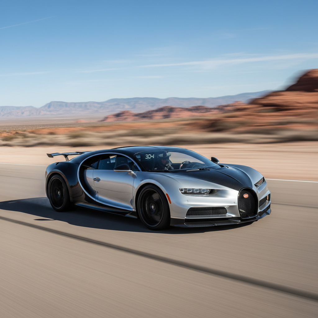 Bugatti Chiron Super Sport in French Racing Blue on closed highway showing massive speed potential
