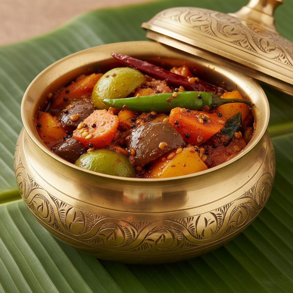 Avakaya pickle glistening with mustard oil and red chili, close-up in brass bowl