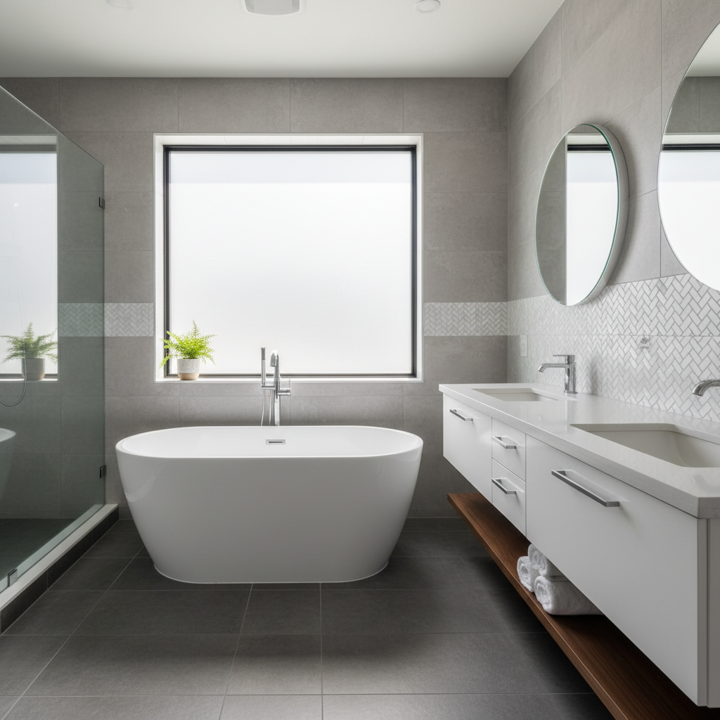 Modern white bathroom with freestanding bathtub and grey floor tiles