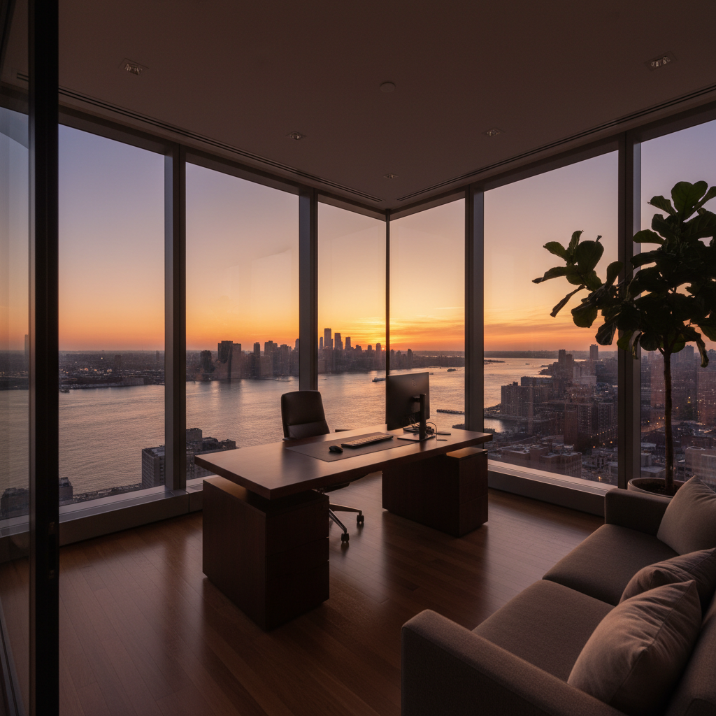 Corner office at dusk with Hudson River visible through floor-to-ceiling glass