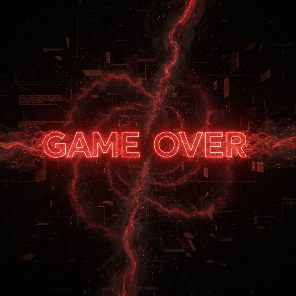 Dramatic game over screen with glowing red particles fading to dark