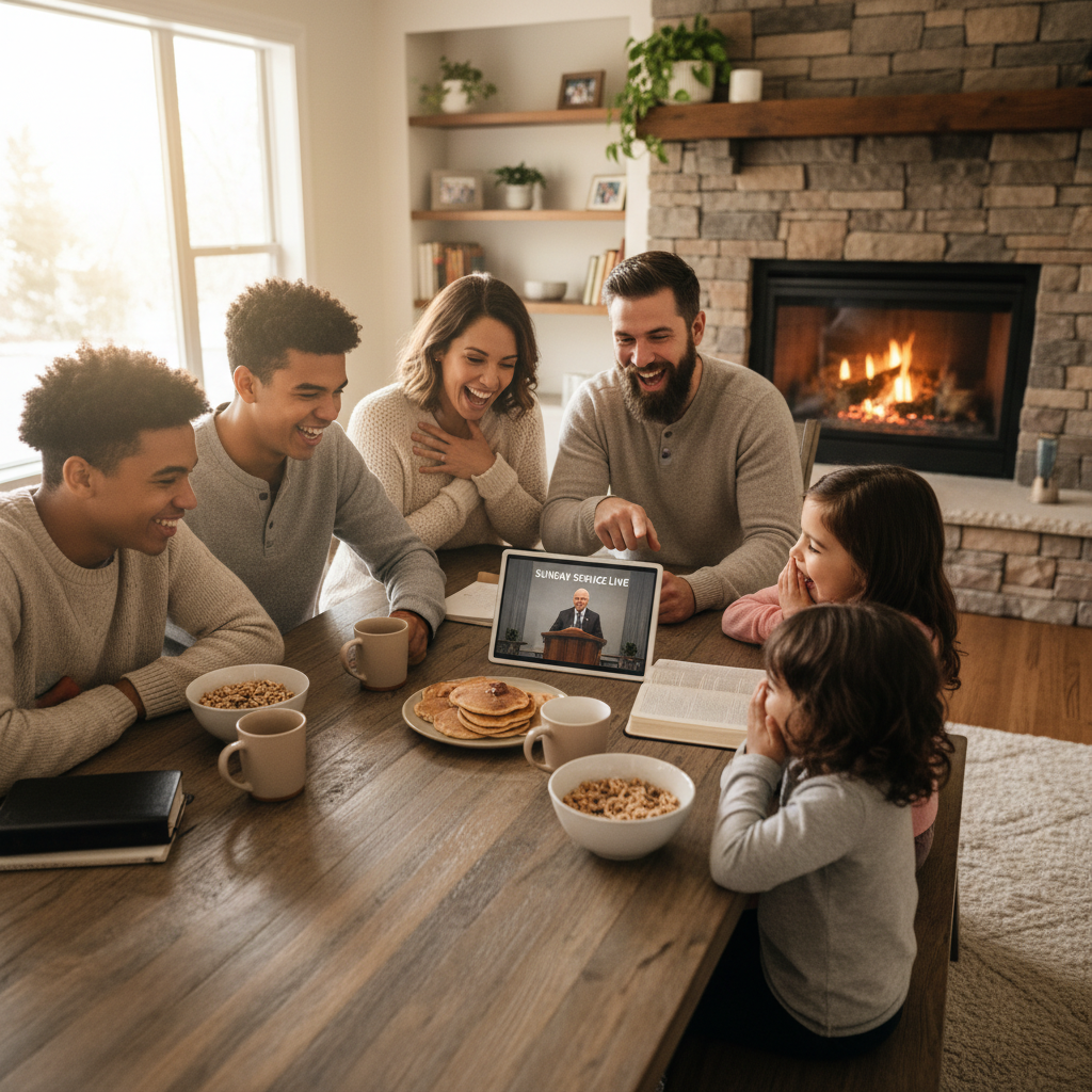 Family laughing together during ministry event