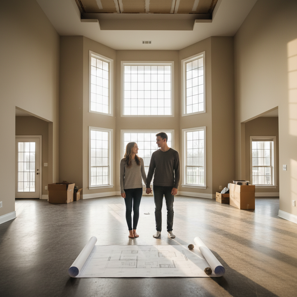 Couple standing in empty McMansion living room, moving boxes stacked behind them, tiny house blueprint unrolled on bare floor