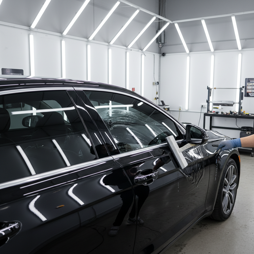 Black sedan with freshly applied 20% tint, installer squeegee detail visible, shop fluorescent light reflecting in glass