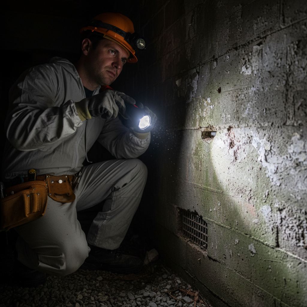Sweep technician crouched beside a Toronto foundation wall, inspecting with a flashlight for pest entry points