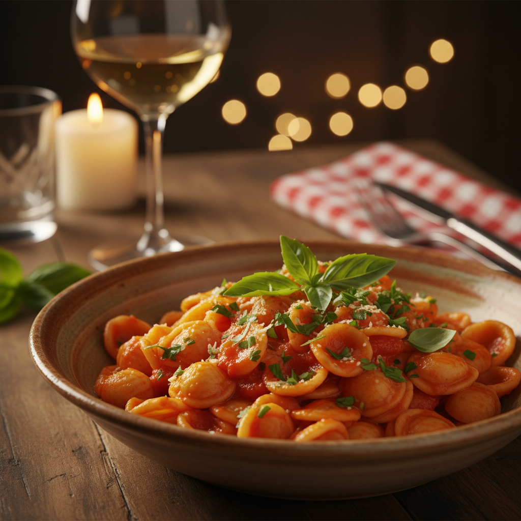 Italian seafood pasta dish with lobster and fresh herbs under warm restaurant lighting, intimate dark setting