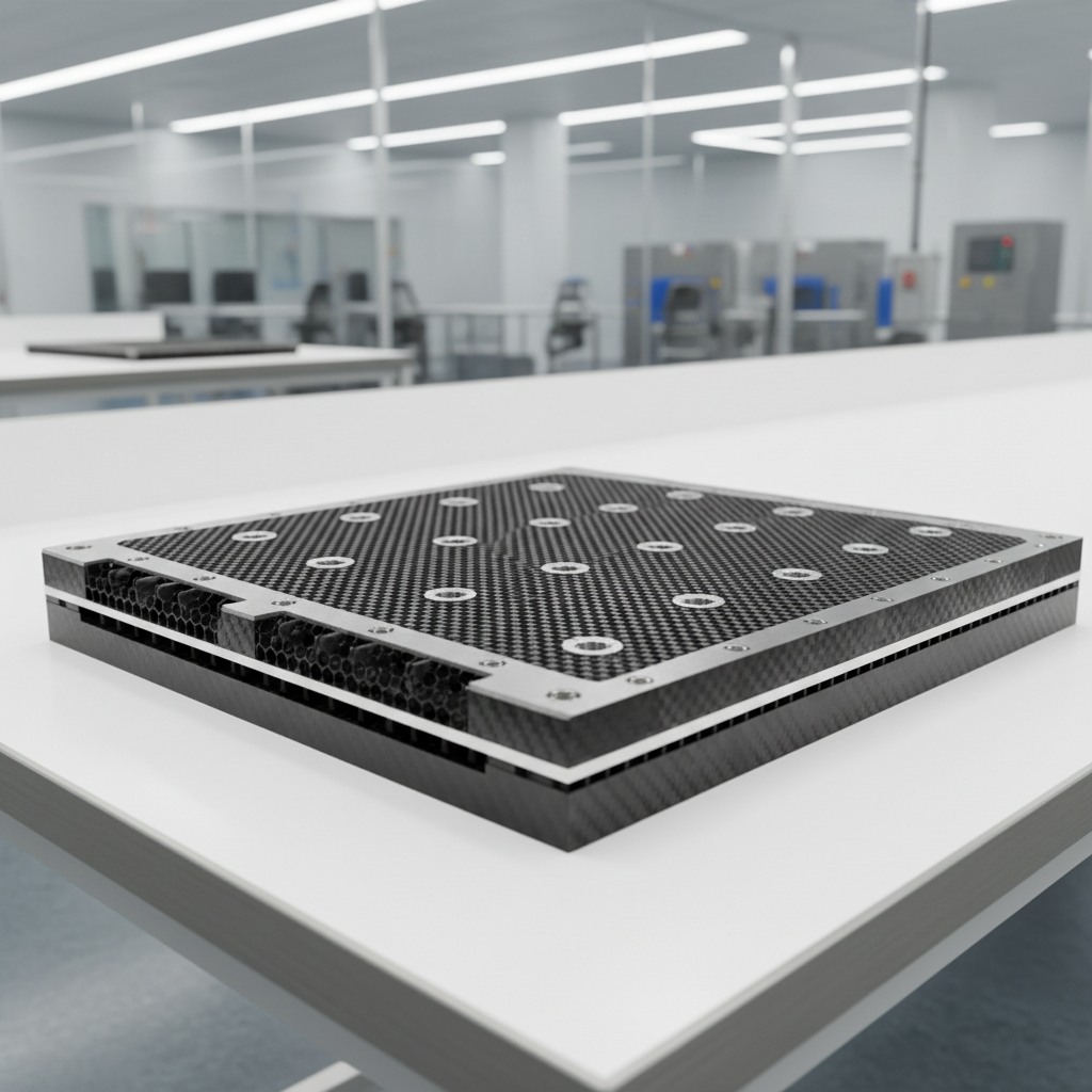 Aerospace manufacturing floor with precision equipment, dim industrial lighting, steel components in production