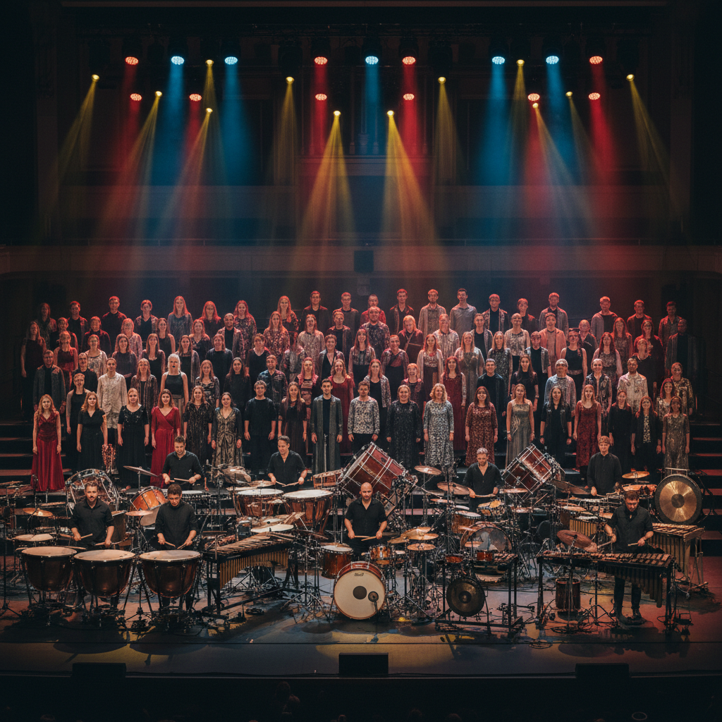 Large ensemble performing on grand stage with colorful stage lighting and diverse musicians