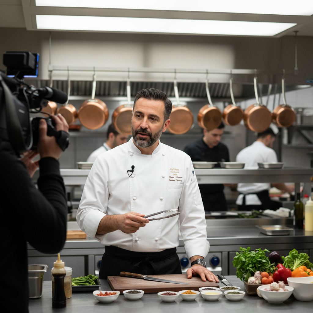 Chef demonstrating cooking techniques in a professional kitchen for an exclusive video tutorial