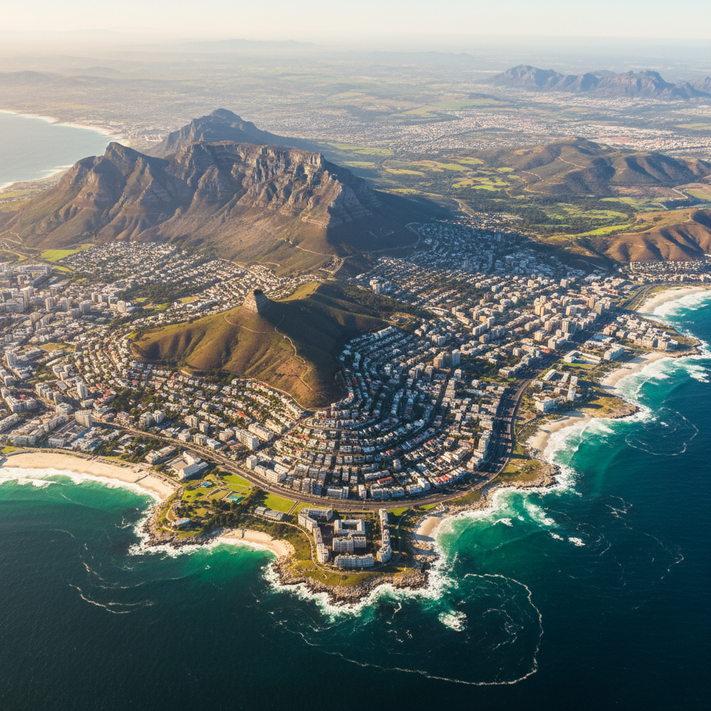 Panoramic Cape Town aerial view showing Table Mountain, city bowl, and Atlantic ocean coastline at golden hour