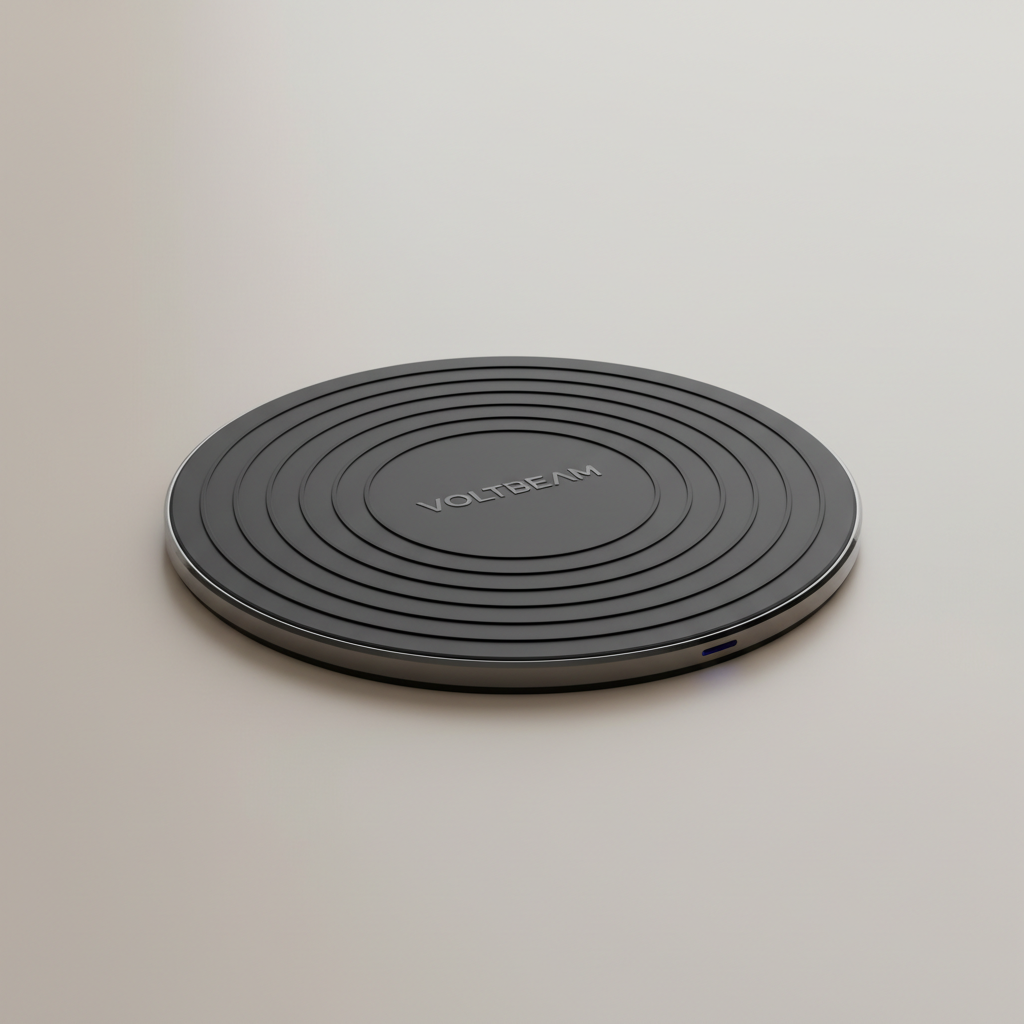 Circular wireless charging pad with brand logo on white background