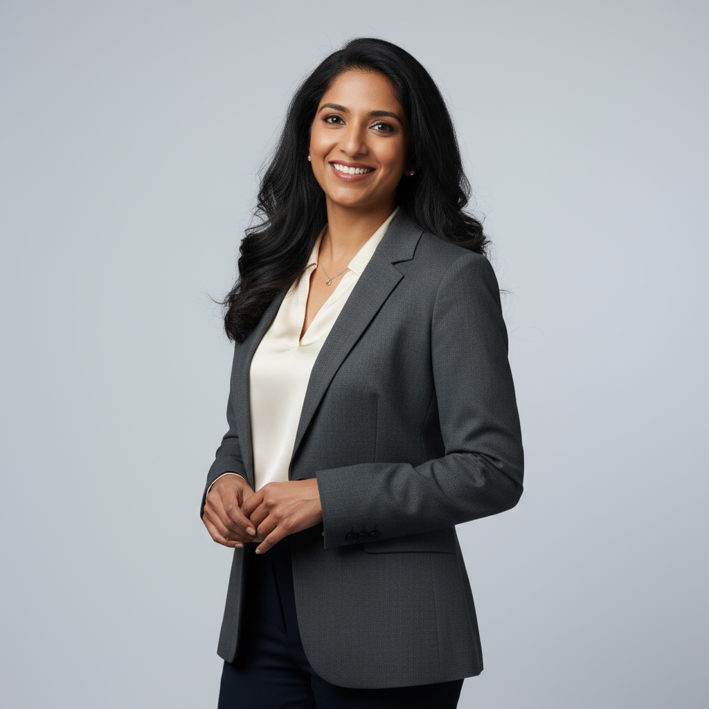 Professional Indian woman in business casual attire smiling warmly in residential complex setting