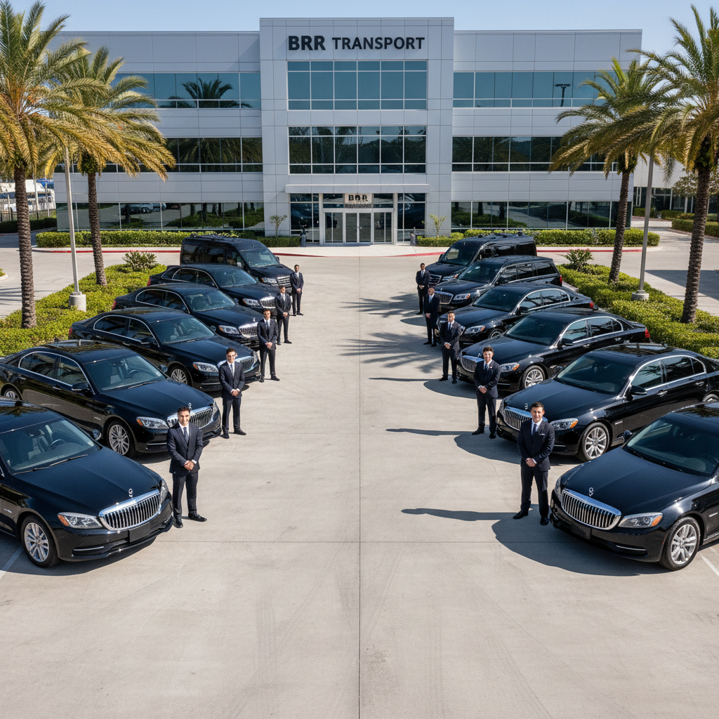 Fleet of commercial vehicles lined up in organized parking lot with professional maintenance team