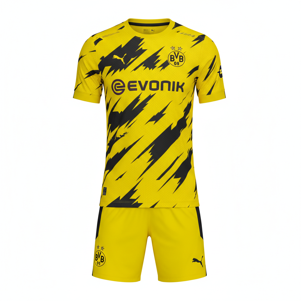 Yellow and black Borussia Dortmund football jersey product shot, Bundesliga home kit, bold sportswear