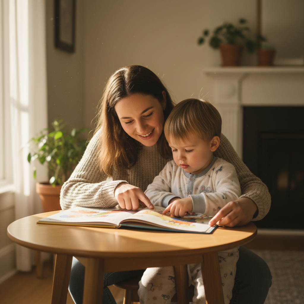 A caregiver and child with a picture book, sitting close together at a small table, gentle morning light