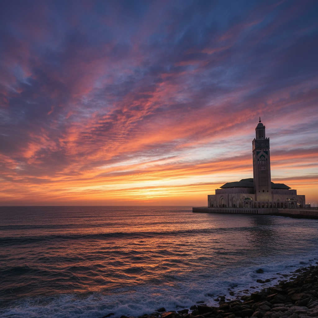 Hassan II Mosque Casablanca at sunset — dramatic minaret silhouette against deep orange and purple sky over Atlantic Ocean