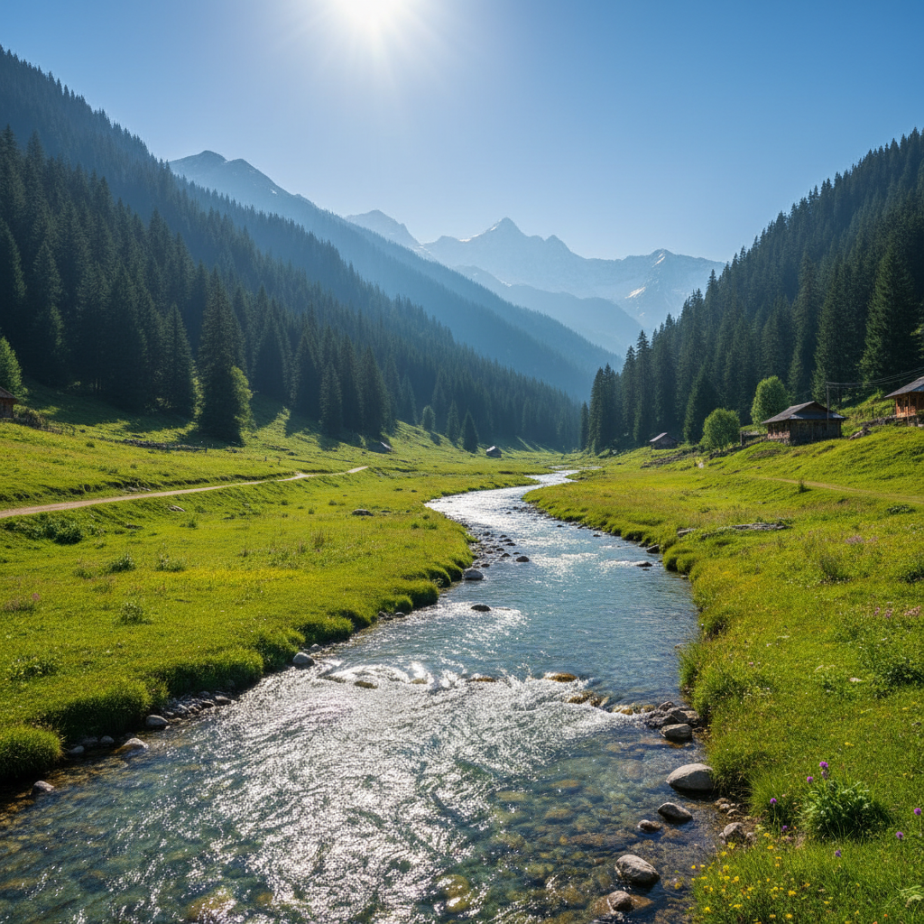 Pahalgam valley with lush green meadows, Lidder river flowing, pine forests on mountain slopes, sunny day
