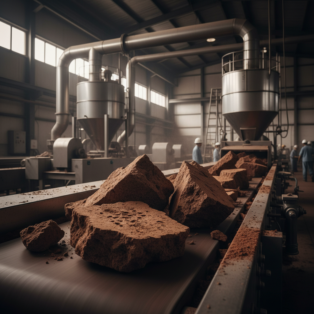 Cocoa press cake broken pieces, dark brown, industrial processing setting