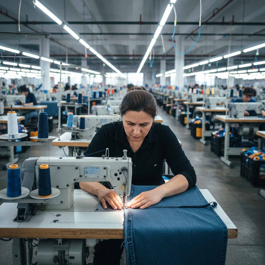 Garment worker at a sewing machine in a textile factory