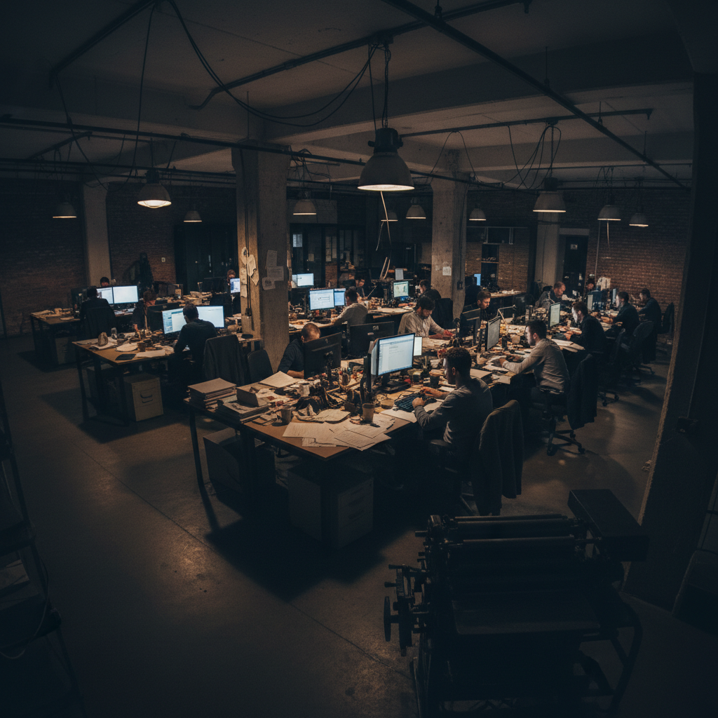 Dark editorial creative workspace with dramatic lighting, deep shadows, black walls, low-key moody atmosphere