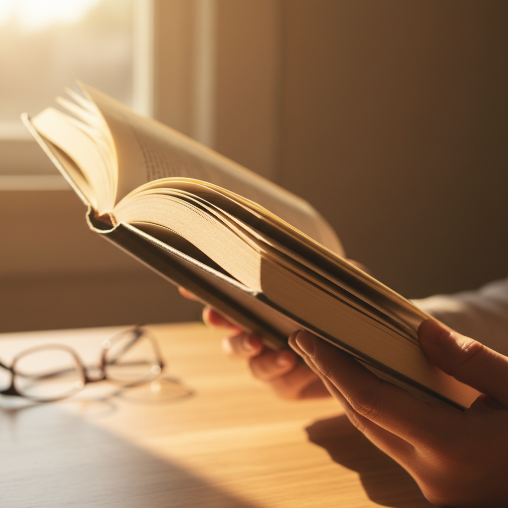 Same paperback held open by a reader in warm afternoon light, pages glowing amber