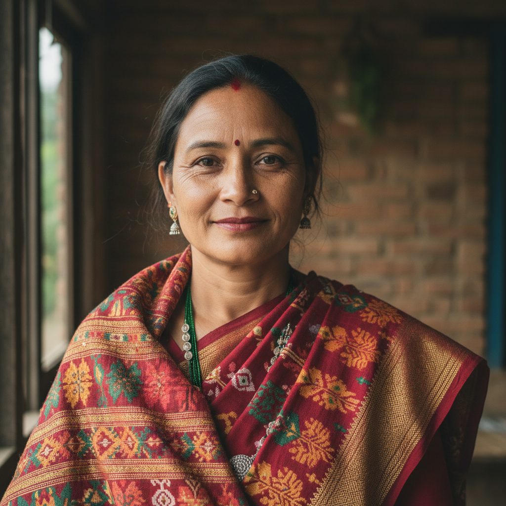 Nepali woman with warm smile in bright indoor setting