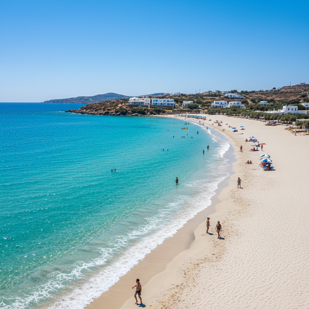 Crystal clear turquoise water at Super Paradise Beach Mykonos with white sandy shore