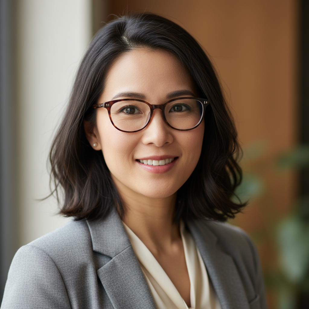 Professional Filipino woman with glasses in business attire smiling