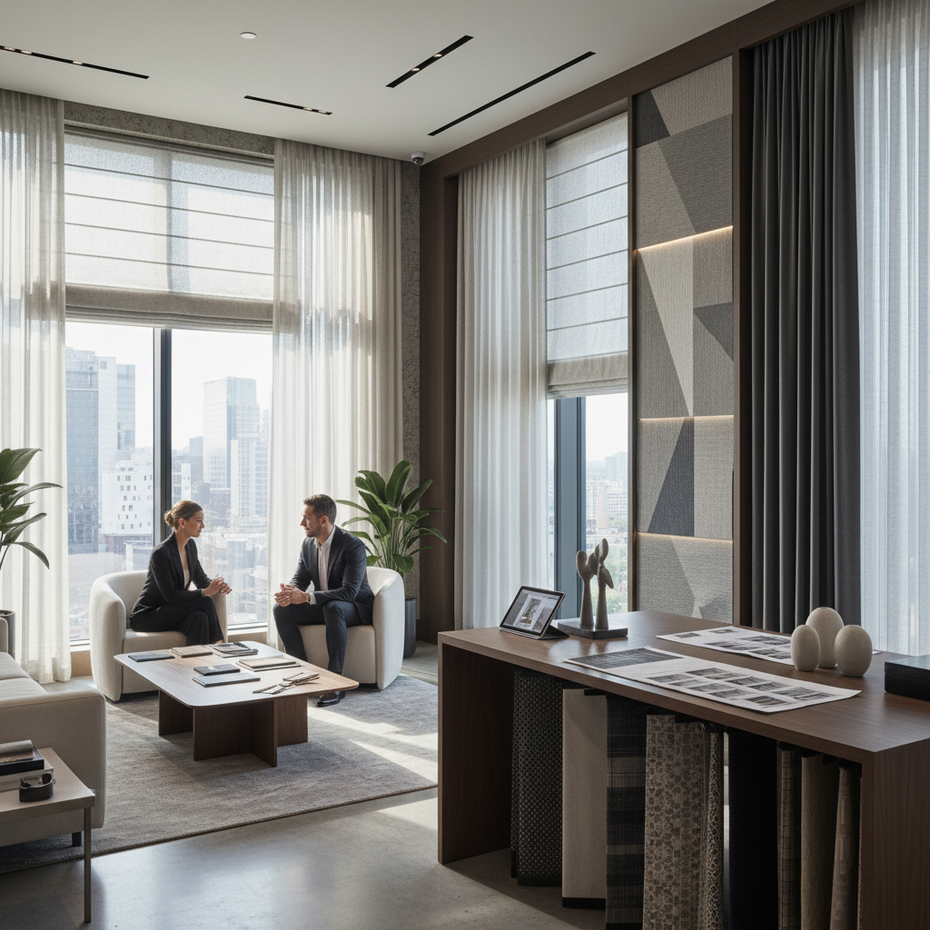 Modern luxury consultation featuring contemporary curtain designs, architectural window treatments, and innovative fabric solutions in premium interior design studio
