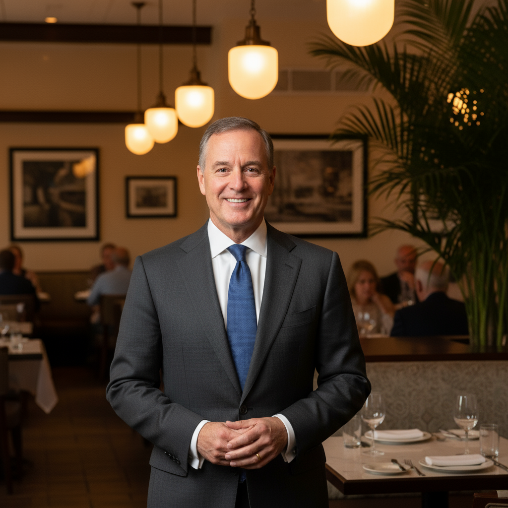 Michael Chen at his restaurant, representing his successful business ownership and retirement planning journey