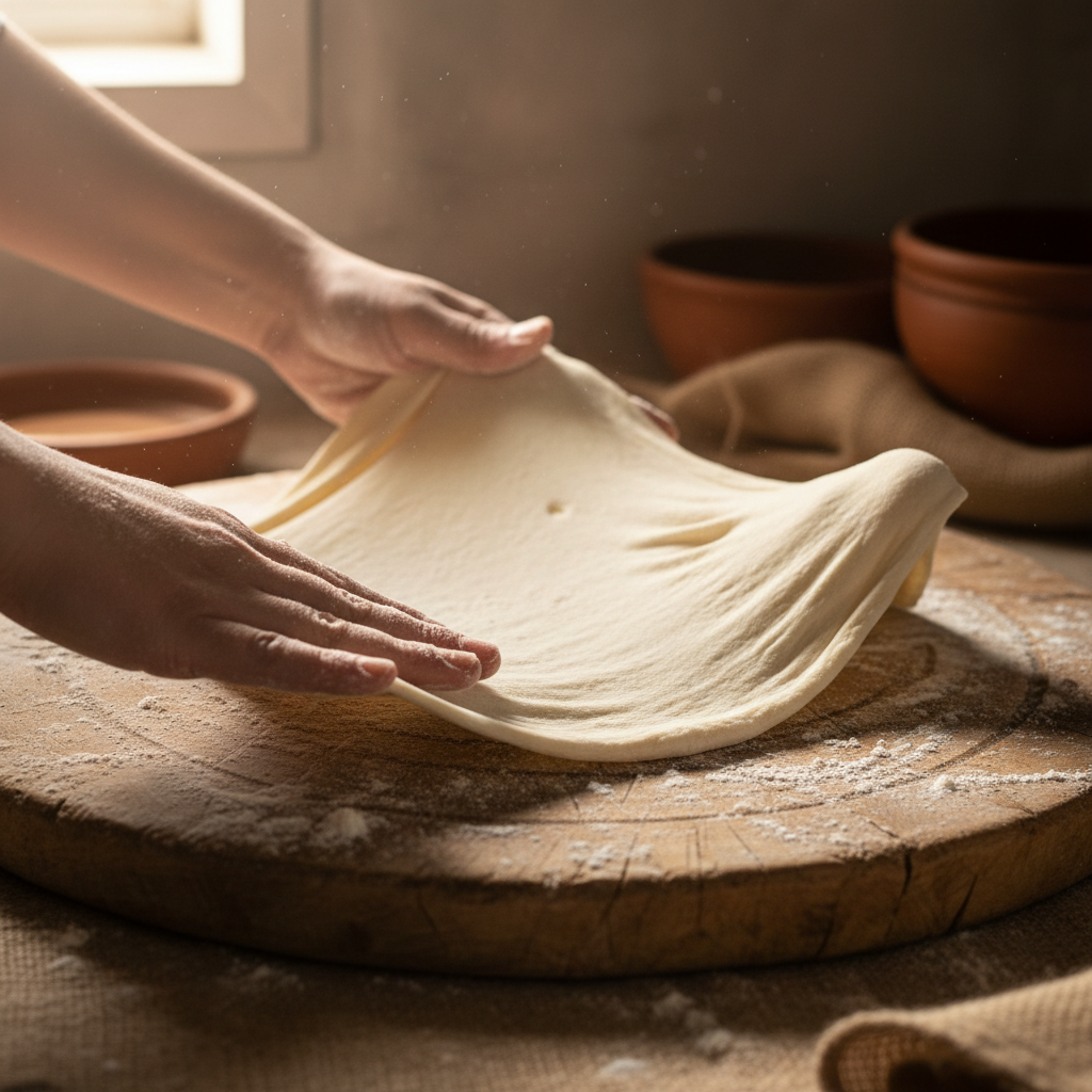 Flour-dusted hands stretching thin yufka dough on a wooden board