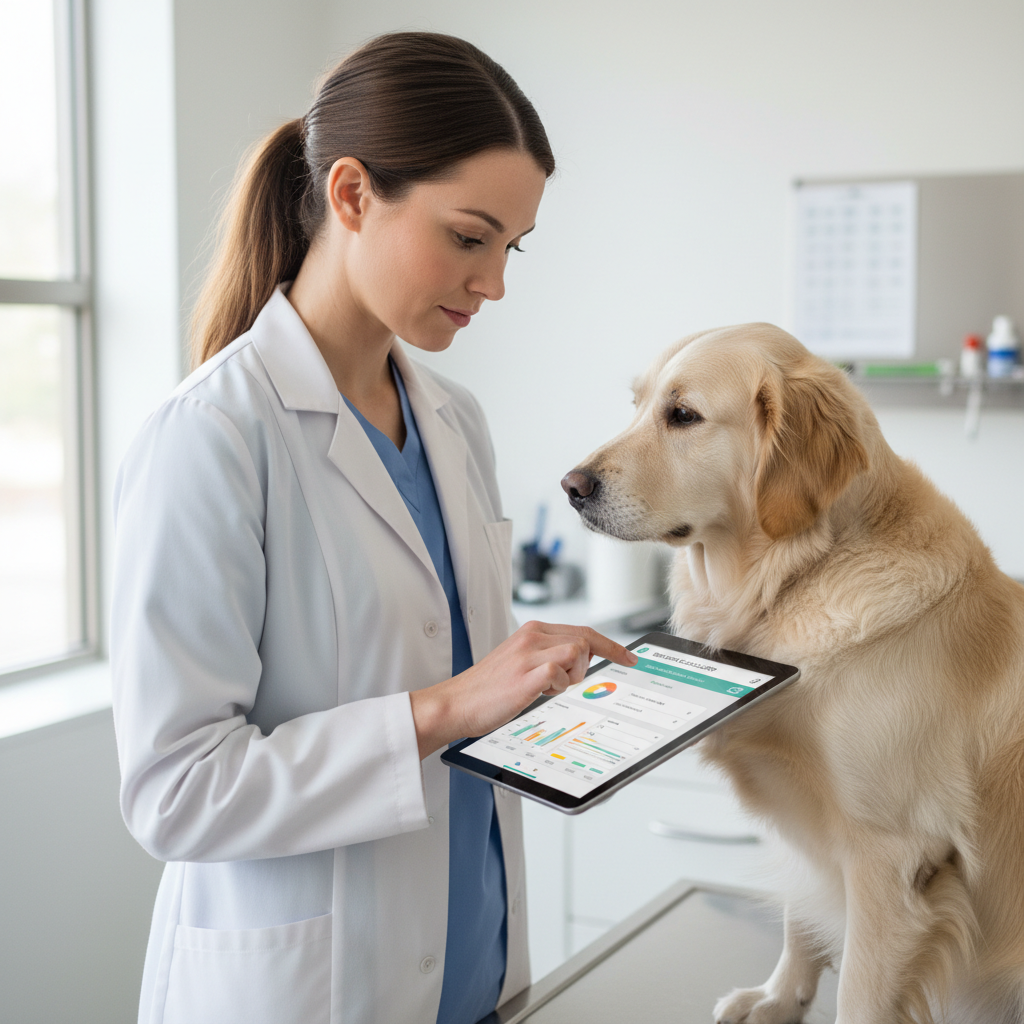 Female veterinarian in white coat reviewing glowing bloodwork results on a tablet screen, Australian Shepherd sitting calmly on the exam table beside her, warm clinic light