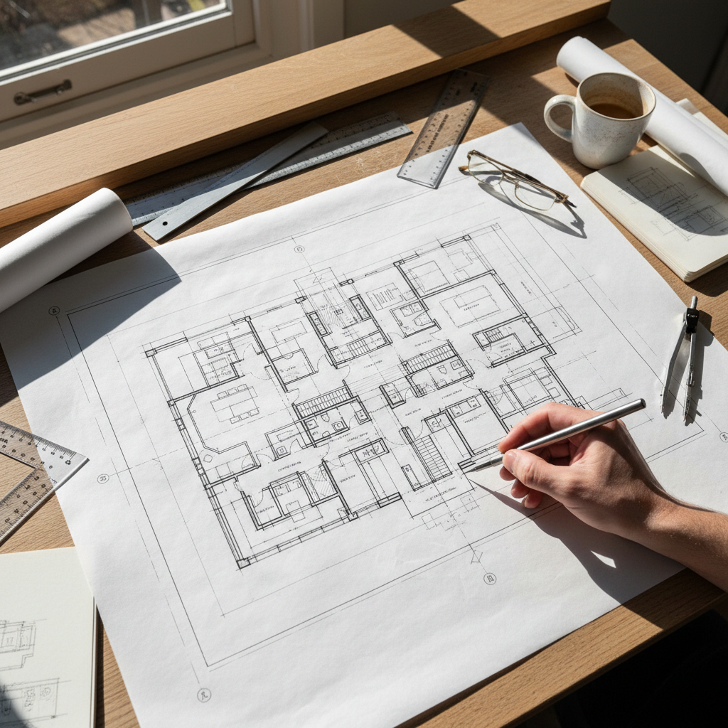 Bright overhead view of detailed floor plan drawings with measurements and room labels on white paper in natural light