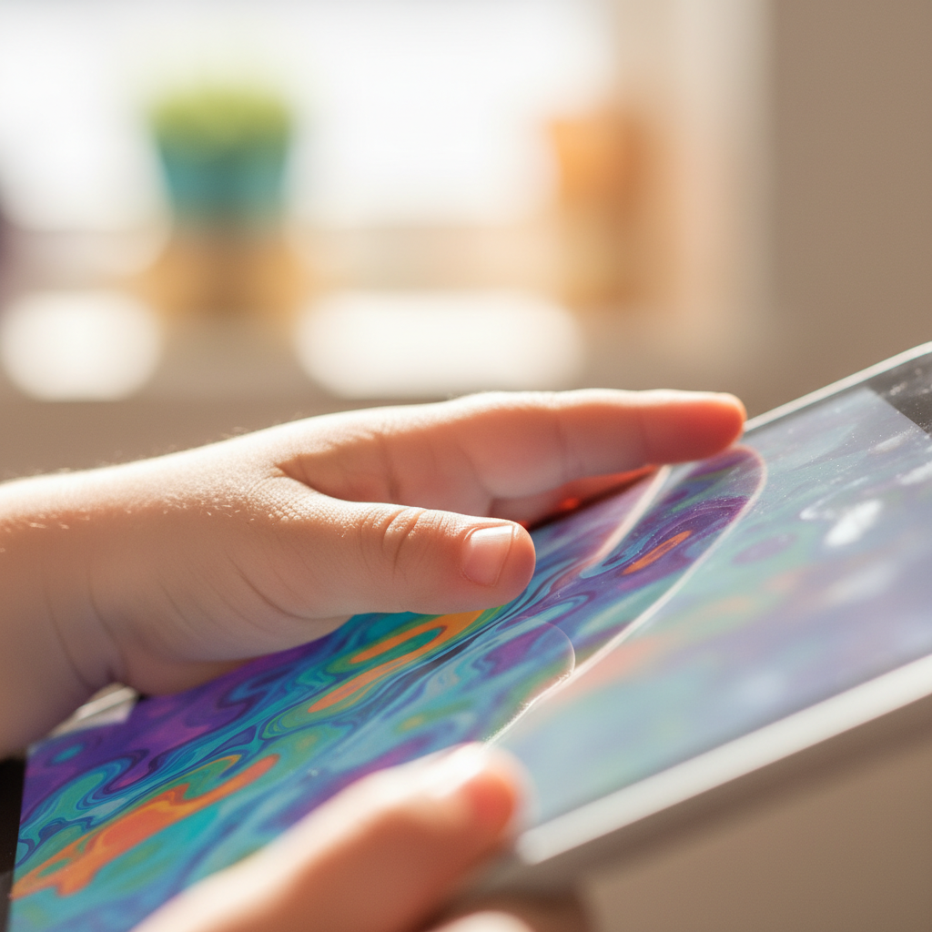 Colorful digital art patterns on a tablet screen held by a child
