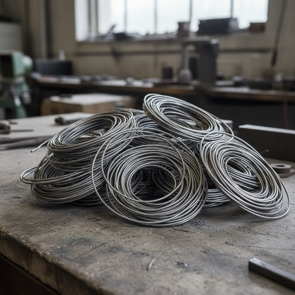 Raw silver wire coiled on concrete workbench