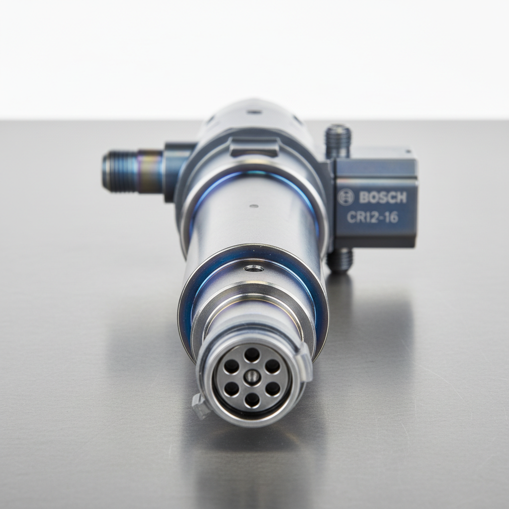 Volvo FH16 diesel injector on dark steel surface, precision engineering, industrial lighting