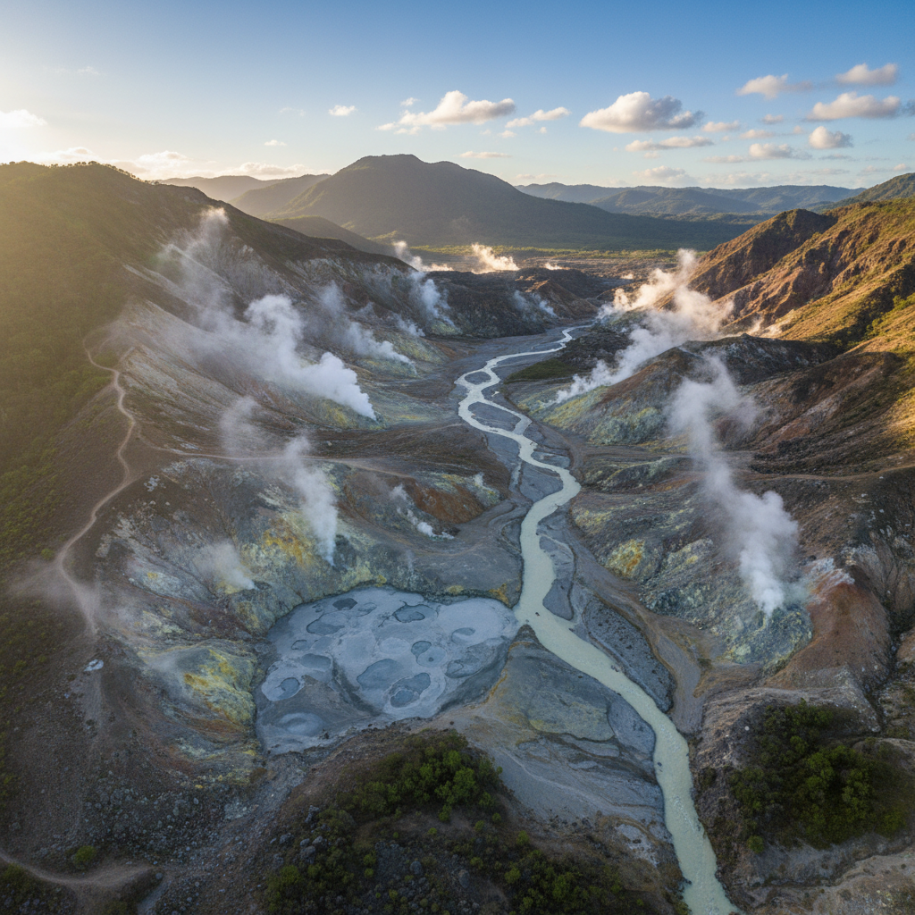 Aerial drone view of the volcanic Valley of Desolation in Dominica