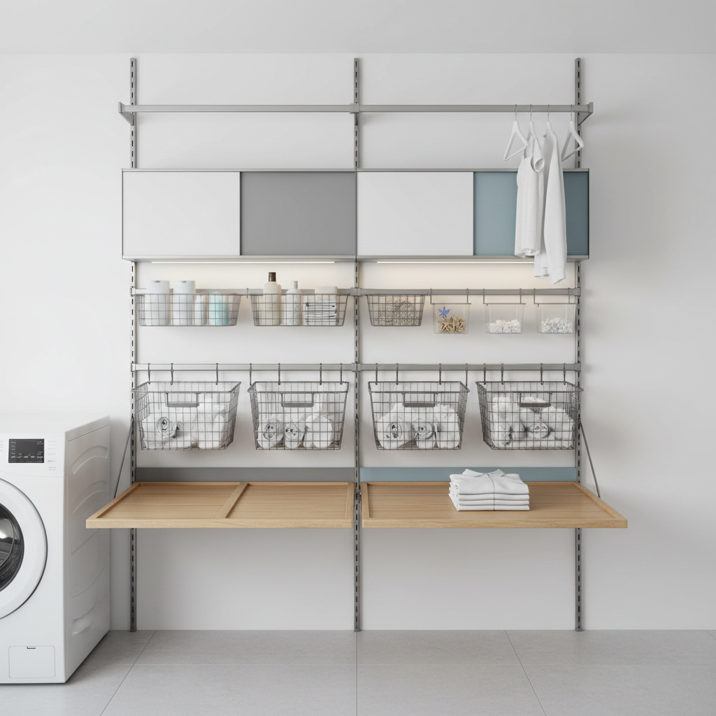 Full Fold laundry wall system installed in white laundry room showing rails, panels, and baskets