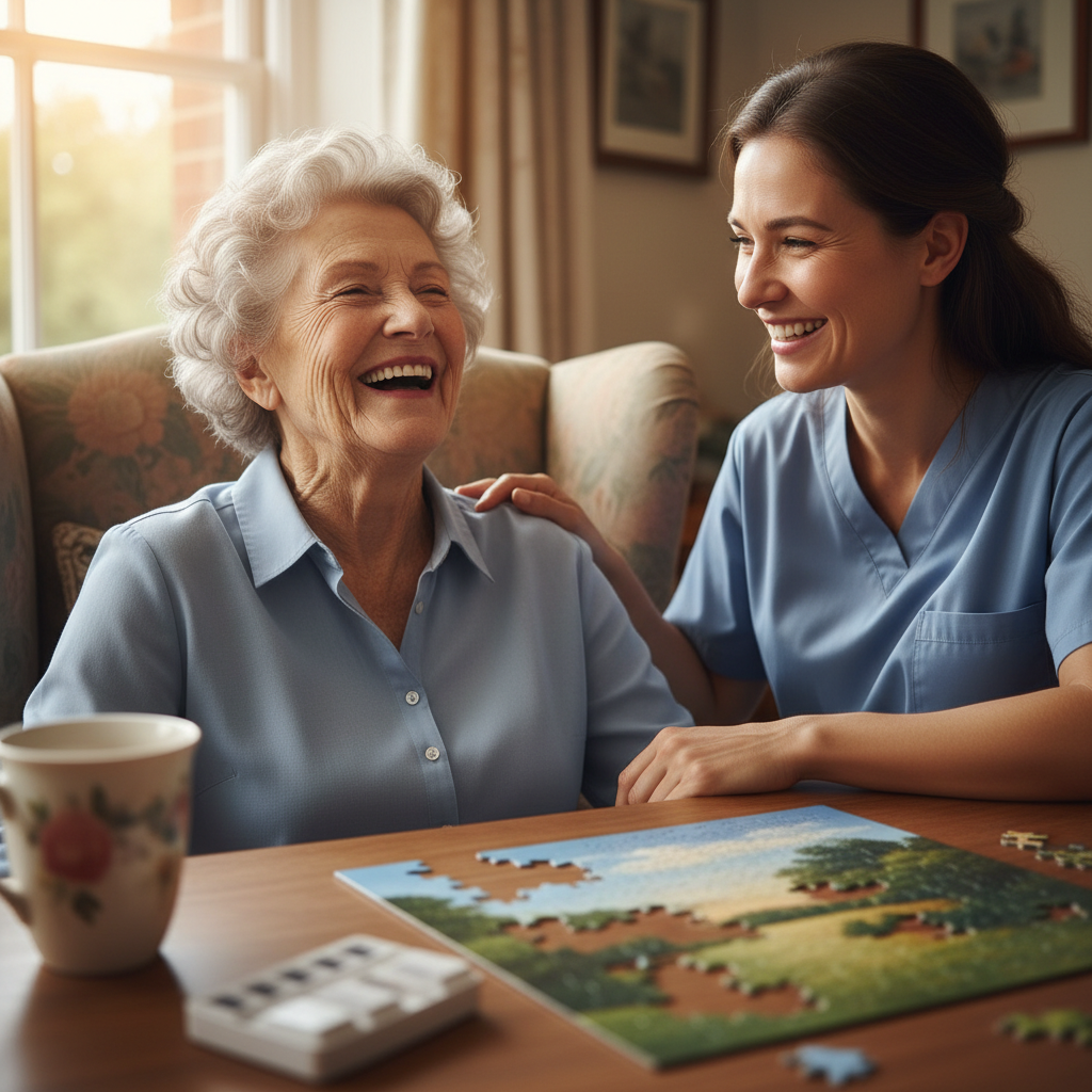Older woman laughing with caregiver over jigsaw puzzle, natural window light, coffee mug and pill organizer softly out of focus