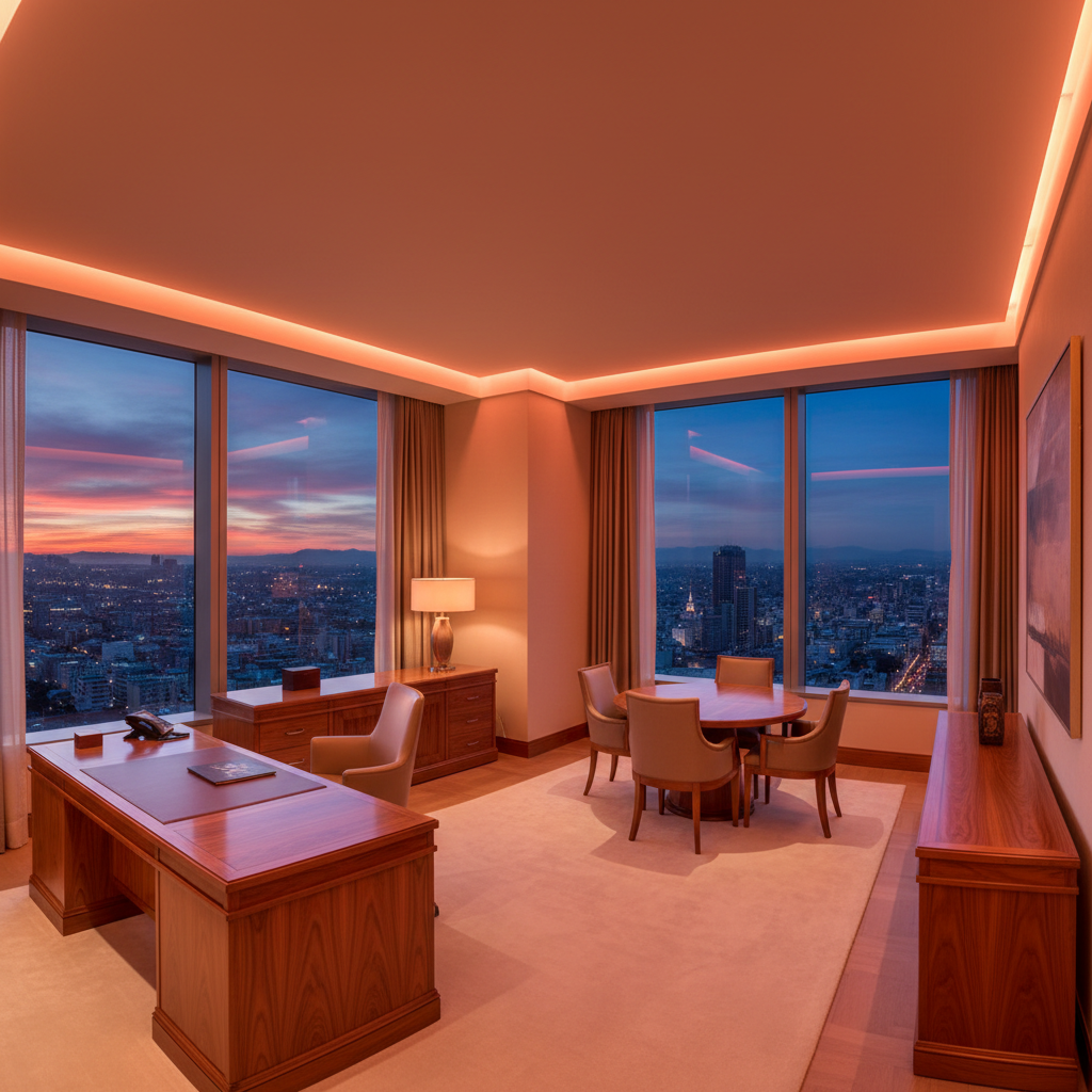 Luxurious executive corner suite with dual exposure windows, Italian walnut furniture, and warm terracotta-toned ambient lighting