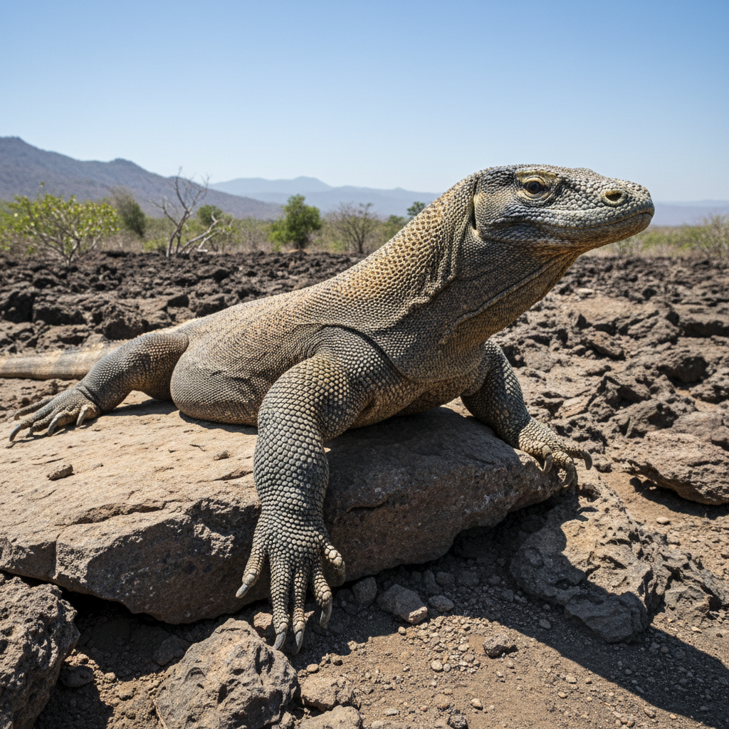 Komodo dragon on rocky terrain in Indonesia, harsh sunlight, prehistoric appearance