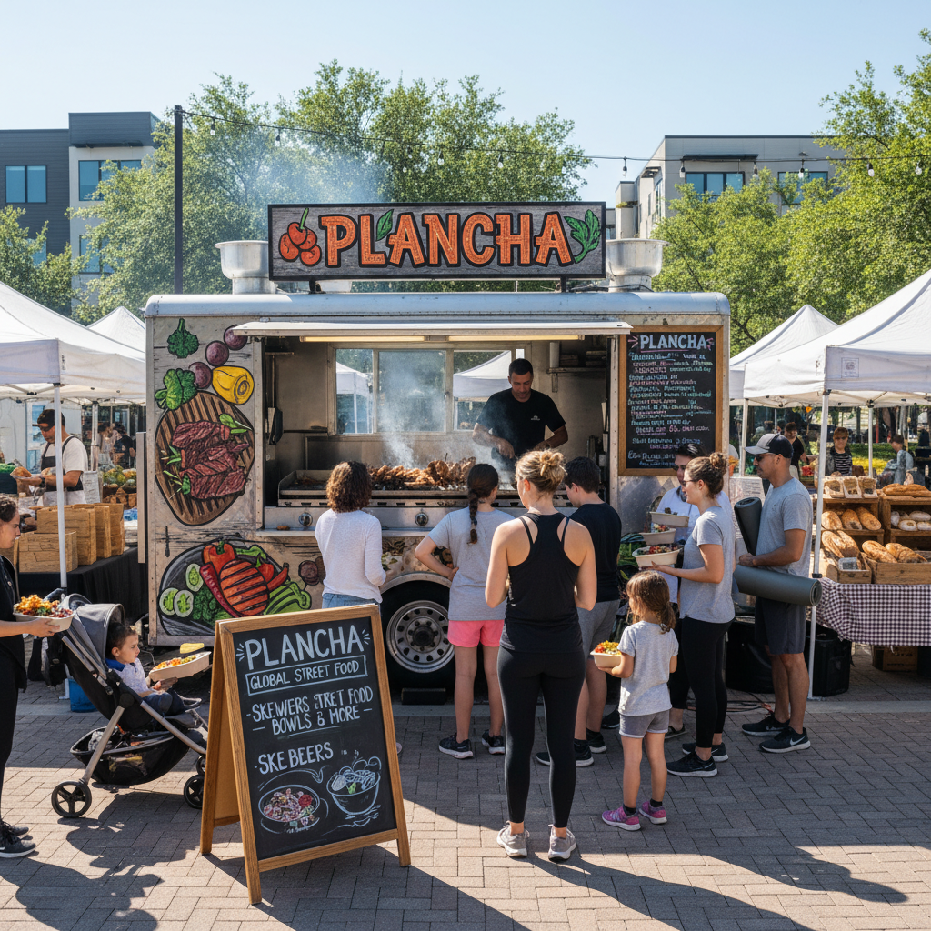 Plancha food truck at Mueller neighborhood market with families and fitness enthusiasts picking up lunch