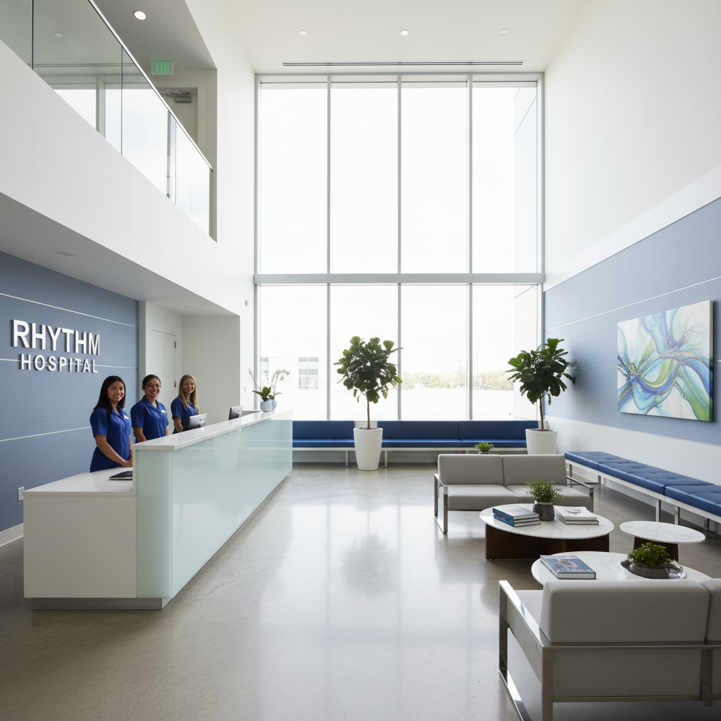 Private hospital reception area, clean modern interior, professional staff, well-lit Nigerian hospital