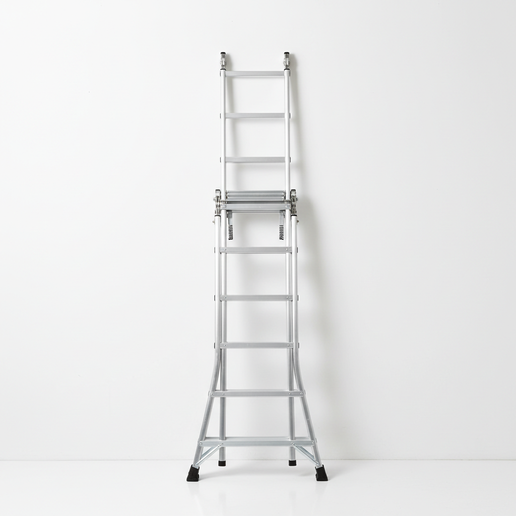 Silver telescoping extension wand extended against blue sky with operator holding base