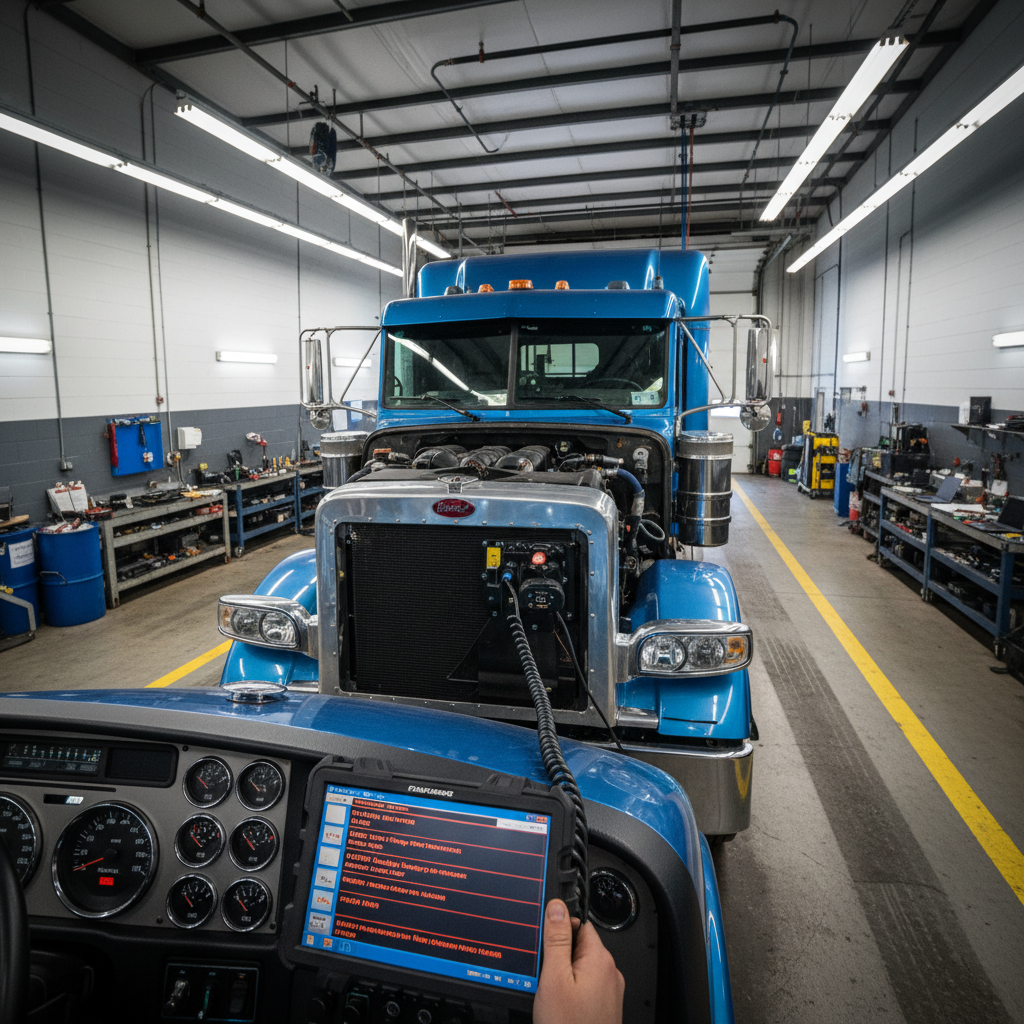 Diesel diagnostic bay with OBD scanner connected to a Peterbilt 389 ECU showing fault codes on monitor