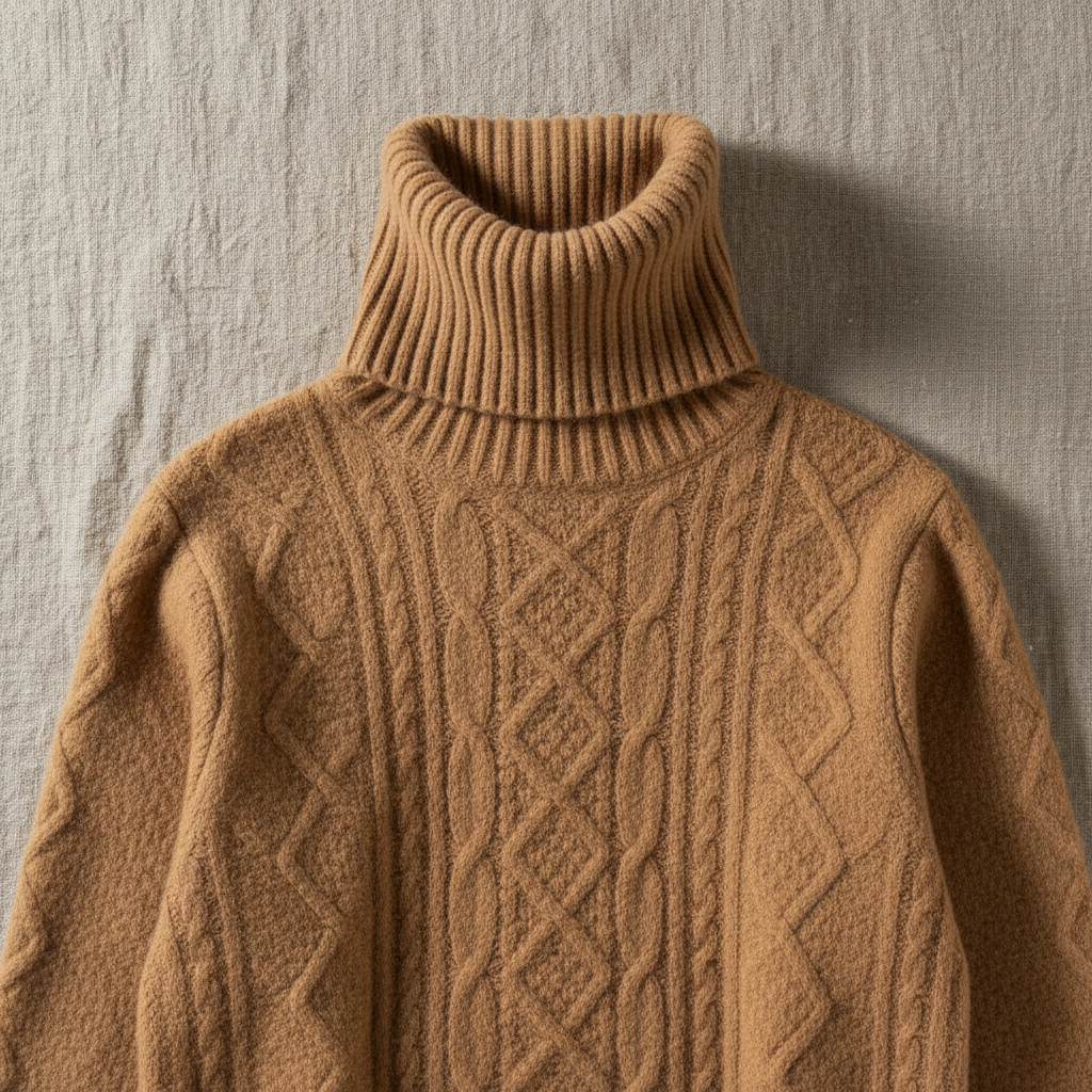 Ribbed ivory turtleneck, close-up detail, bright neutral background