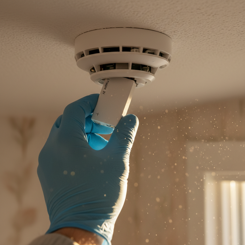Technician's gloved hand replacing lithium battery in smoke detector mounted on hallway ceiling, morning light catching dust particles